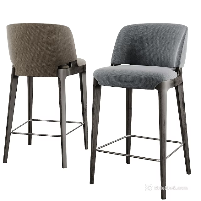 Modern Bar Stools With Brown And Gray Upholstery Wooden Frame And Metal Footrest 3d model 