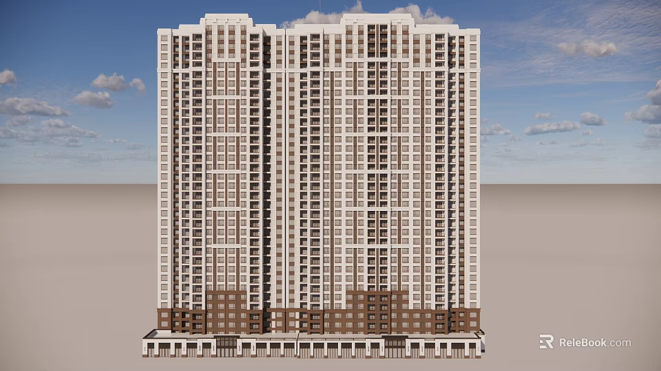 Modern High Rise Residential Building Exterior With Grid Windows And Balcony Design Details 3d model 