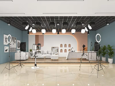Modern Public Office Space with Lighting Setup Sofa Plants and Photography Equipment 3d model