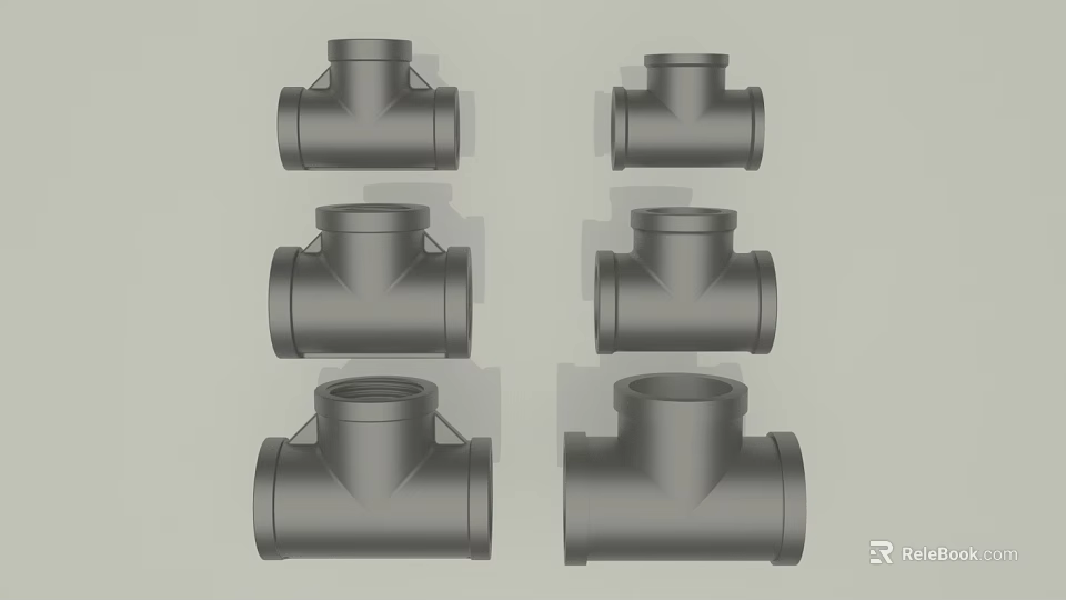 Gray Tee Pipe Fittings Arranged In Two Rows And Three Columns For Plumbing 3d model 