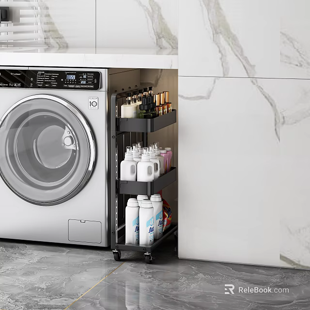 Multi Tiered Black Wheeled Storage Shelf Next To Washing Machine Holding Various Laundry Supplies 3d model 
