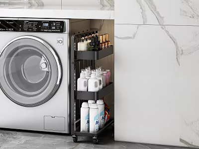 Multi Tiered Black Wheeled Storage Shelf Next To Washing Machine Holding Various Laundry Supplies 3d model