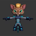 Cute Cat Character With Golden Fur Green Eyes Blue Glowing Armor Holding Weapon