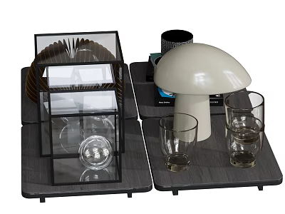 Decorative Ornament Set with Black Trays Transparent Spiral Ornament Mushroom Shaped Lamp and Glass Cups 3d model