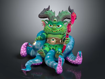 Green Game Movie Character With Horns Holding Red Staff On Blue Pink Tentacle Octopus Creature 3d model