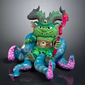 Green Game Movie Character With Horns Holding Red Staff On Blue Pink Tentacle Octopus Creature