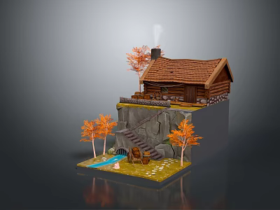 Cartoon Scene With Wooden Cabin On Cliff And Autumn Trees By Stream 3d model