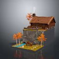 Cartoon Scene With Wooden Cabin On Cliff And Autumn Trees By Stream