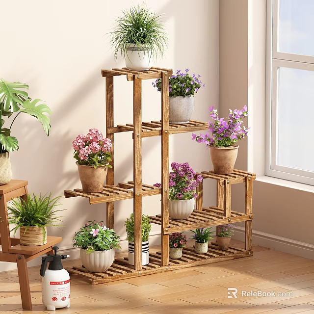 Wooden Multi Tiered Plant Stand with Potted Flowers for Indoor Decorative 3d model 