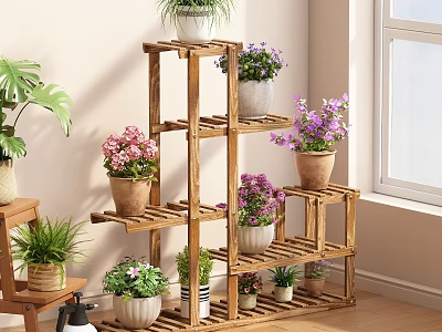 Wooden Multi Tiered Plant Stand with Potted Flowers for Indoor Decorative 3d model