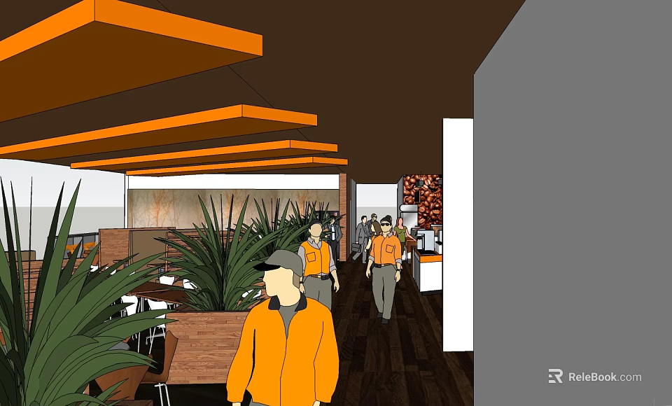 Casual Lounge Area With Orange Ceiling Lights Green Plants Tables And People 3d model 