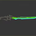 Futuristic Sci Fi Sword with Green Glowing Blade and Metallic Handle on Reflective Surface
