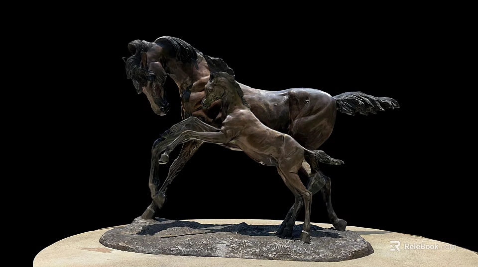Artistic Bronze Horse Sculpture with Adult and Foal on Circular Base 3d model 