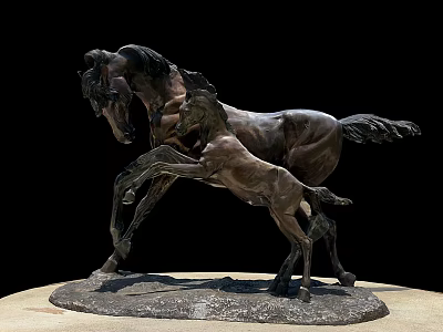 Artistic Bronze Horse Sculpture with Adult and Foal on Circular Base 3d model