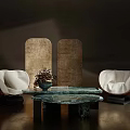 Elegant Single Sofas With White Cushion Brown Frame Green Stone Coffee Table And Wooden Panels