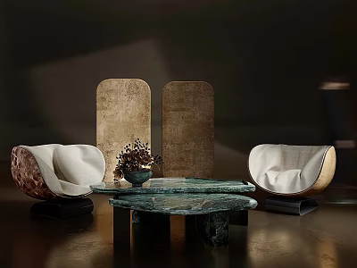 Elegant Single Sofas With White Cushion Brown Frame Green Stone Coffee Table And Wooden Panels 3d model