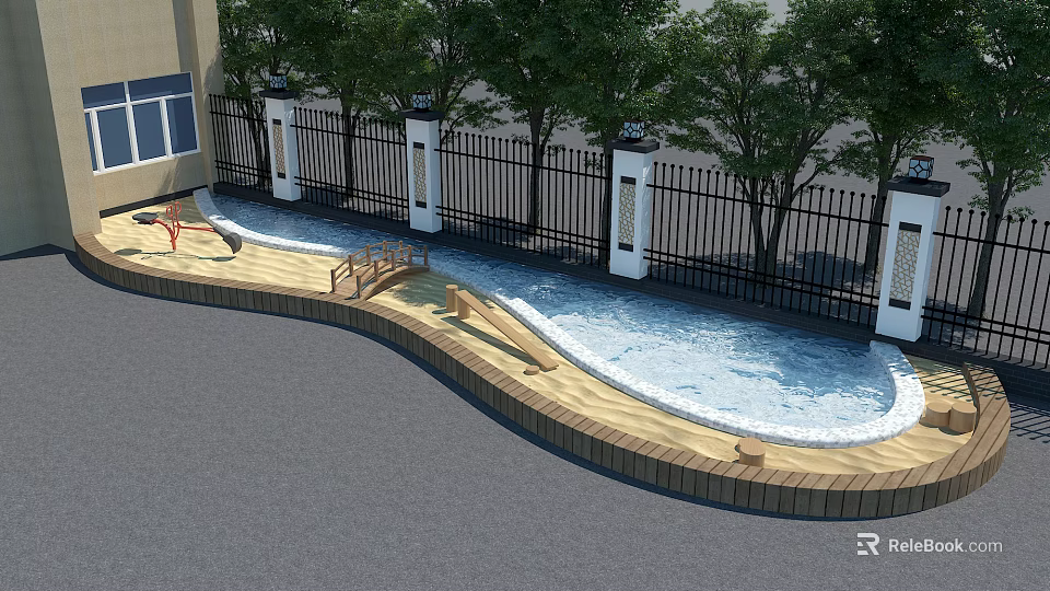Garden Ornament Featuring Curved Wooden Structure Small Water Pool Bridge Black Iron Fence and Trees 3d model 