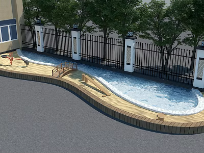 Garden Ornament Featuring Curved Wooden Structure Small Water Pool Bridge Black Iron Fence and Trees 3d model