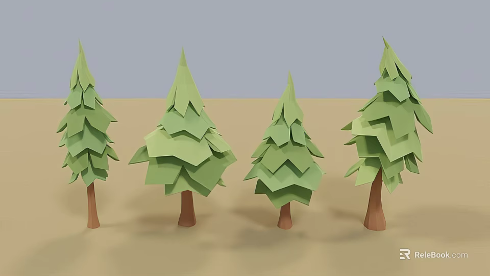 Set of Four Origami Style Green Trees with Brown Trunks and Minimalist Design 3d model 