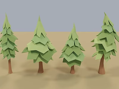 Set of Four Origami Style Green Trees with Brown Trunks and Minimalist Design 3d model