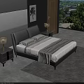 Modern Grey Double Bed with Upholstered Headboard Nightstands Table Lamps and Botanical Wall Art