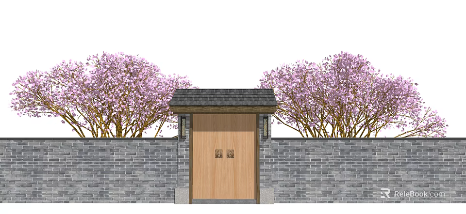 Traditional Wooden Entrance Gate With Black Roof Brick Wall And Pink Flowering Trees 3d model 
