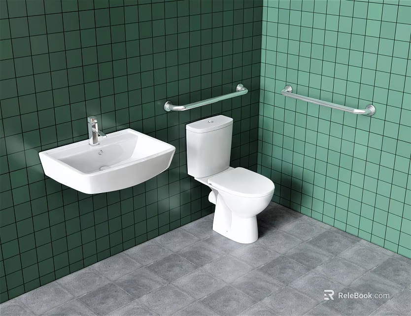 Modern Bathroom With White Toilet Green Tiled Walls Sink And Grab Bars 3d model 