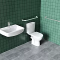 Modern Bathroom With White Toilet Green Tiled Walls Sink And Grab Bars