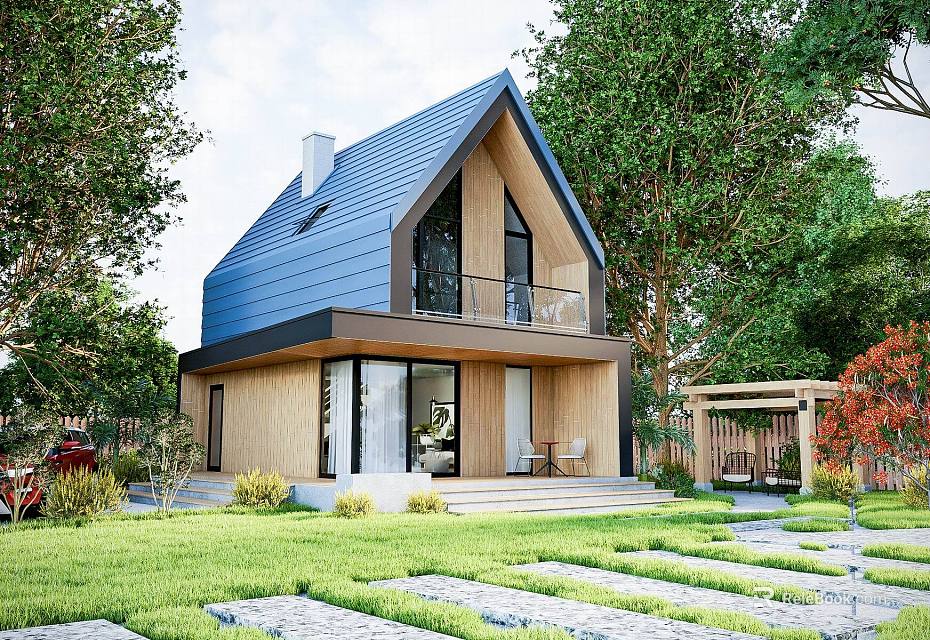 Modern Detached House With Triangular Blue Roof Wooden Exterior Large Windows Balcony and Trees Lawn 3d model 
