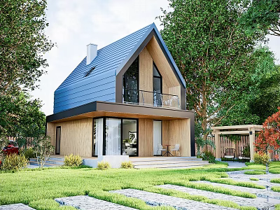 Modern Detached House With Triangular Blue Roof Wooden Exterior Large Windows Balcony and Trees Lawn 3d model