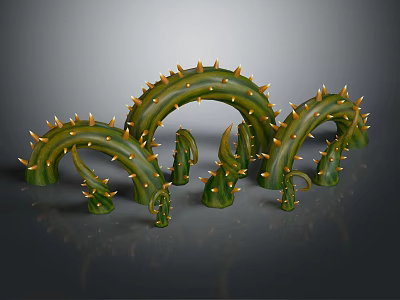 Green Cactus with Yellow Thorns and Curved Branches on Gray Background with Reflection 3d model