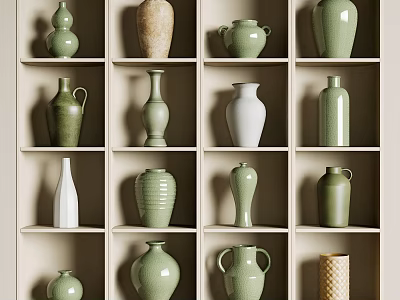 Ceramic Vessels in Green and White with Various Shapes on Display Shelves 3d model