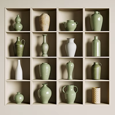 Ceramic Vessels in Green and White with Various Shapes on Display Shelves 3d model