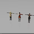 Three 3D Female Characters In Standing Pose With Outstretched Arms And Different Costumes