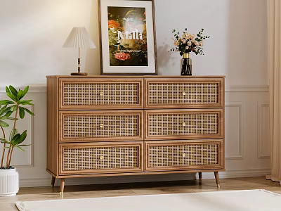 Wooden Chest of Drawers With Rattan Drawers Table Lamp and Decorative Painting 3d model