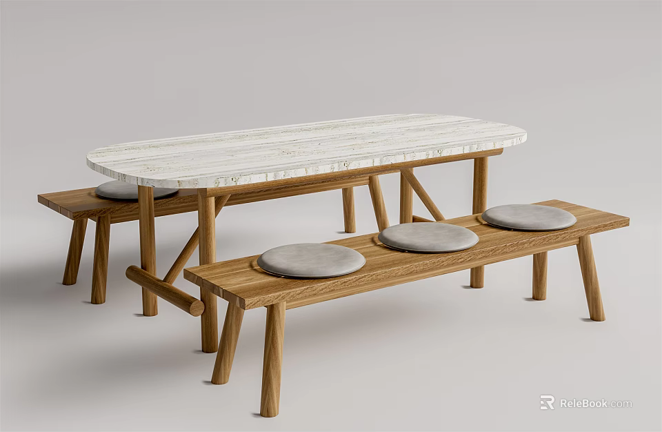Elegant Oval Dining Table Set With Marble Top Wooden Legs And Gray Cushioned Benches 3d model 