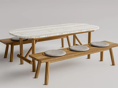 Elegant Oval Dining Table Set With Marble Top Wooden Legs And Gray Cushioned Benches 3d model