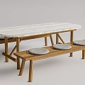 Elegant Oval Dining Table Set With Marble Top Wooden Legs And Gray Cushioned Benches