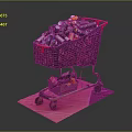 Black Shopping Cart Filled With Various Food And Drink Bottles On Wooden Dark Mat