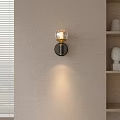 Modern Glass Globe Wall Lamp on Light Wall with Wooden Shelves and Blinds
