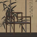 Elegant Chinese Style Wooden Leisure Chair With Bamboo Pattern And Calligraphy Background