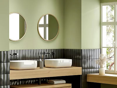 Modern Bathroom With Round Mirrors Double Sinks Green Walls Black Tiles And Wooden Countertop 3d model