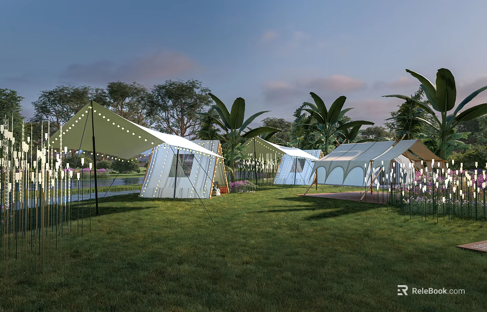 Beautiful Camping Campsite With Tents String Lights Green Grass And Palm Trees 3d model 