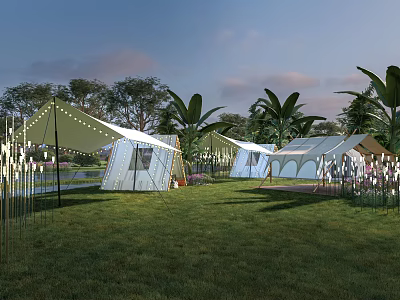 Beautiful Camping Campsite With Tents String Lights Green Grass And Palm Trees 3d model