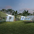 Beautiful Camping Campsite With Tents String Lights Green Grass And Palm Trees