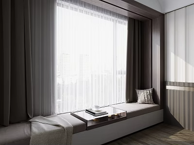 Modern Window Seat Cabinet With Curtains City View Books Tray Pillow And Blanket 3d model
