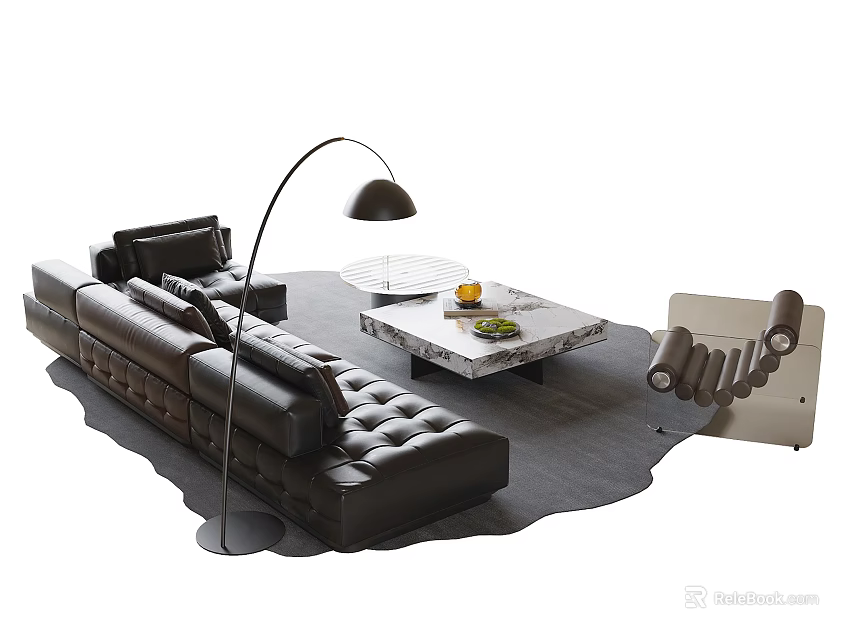 Modern Black Leather Sofa Coffee Table Set With Marble Top Floor Lamp And Accent Chair On Rug 3d model 