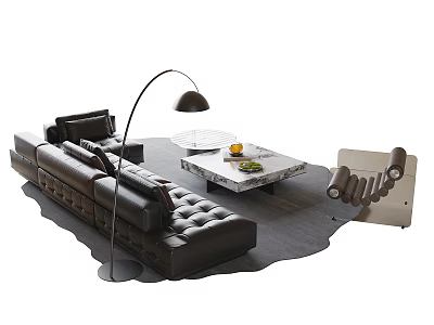 Modern Black Leather Sofa Coffee Table Set With Marble Top Floor Lamp And Accent Chair On Rug 3d model