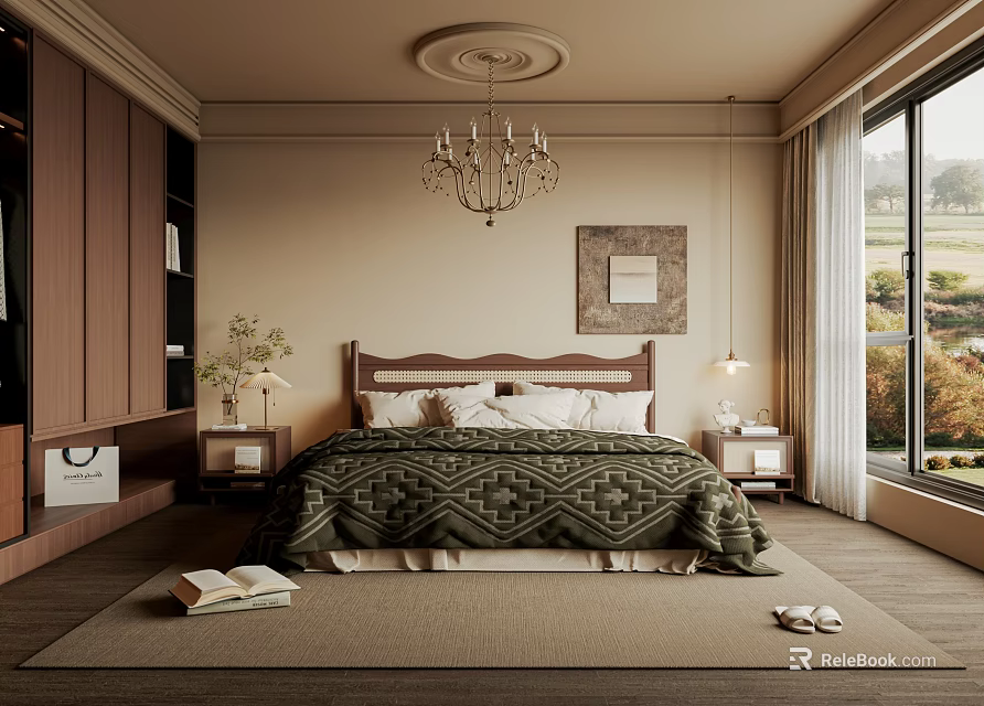 Cozy Bedroom Interior Design With Wooden Headboard Green Quilt Chandelier And Large Windows 3d model 
