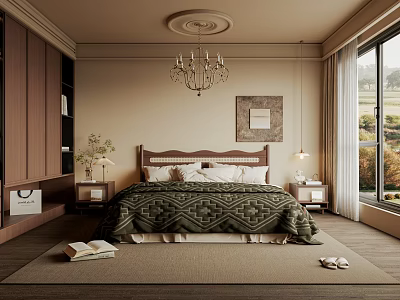 Cozy Bedroom Interior Design With Wooden Headboard Green Quilt Chandelier And Large Windows 3d model
